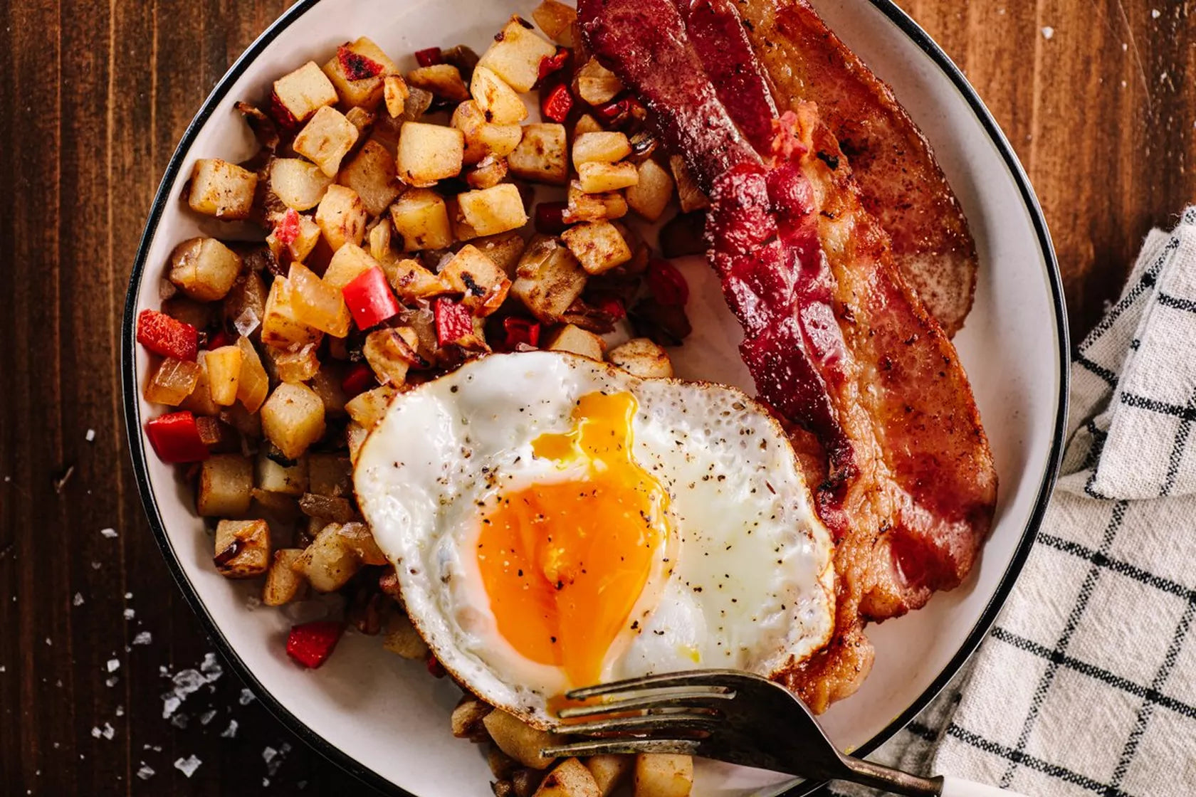 Flat Top Fired Eggs and Bacon with Hash Browns