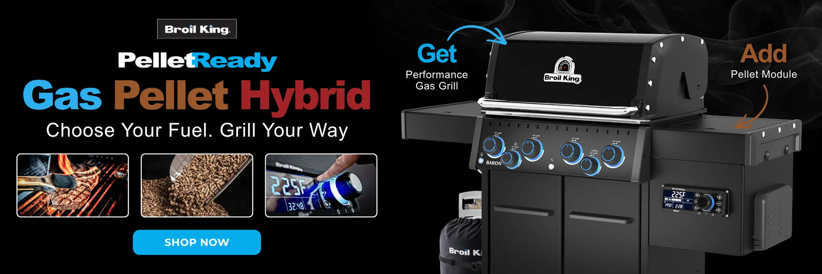 Broil King PelletReady Gas Pellet Hybrid banner — Baron gas grill with iQue pellet module attached. Choose your fuel, grill your way.