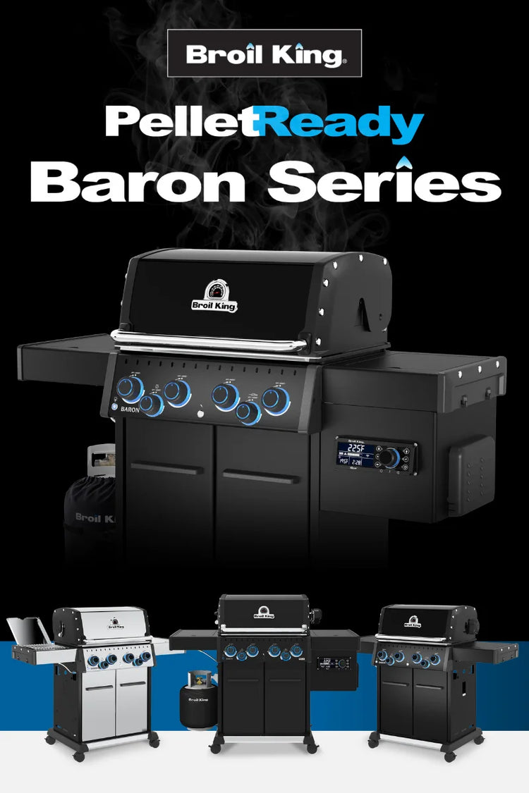 PelletReady Baron Series gas grills shown in a promotional graphic, with a large black multi-zone grill on the right and smaller black and silver models on the left against a dark background with blue accents.
