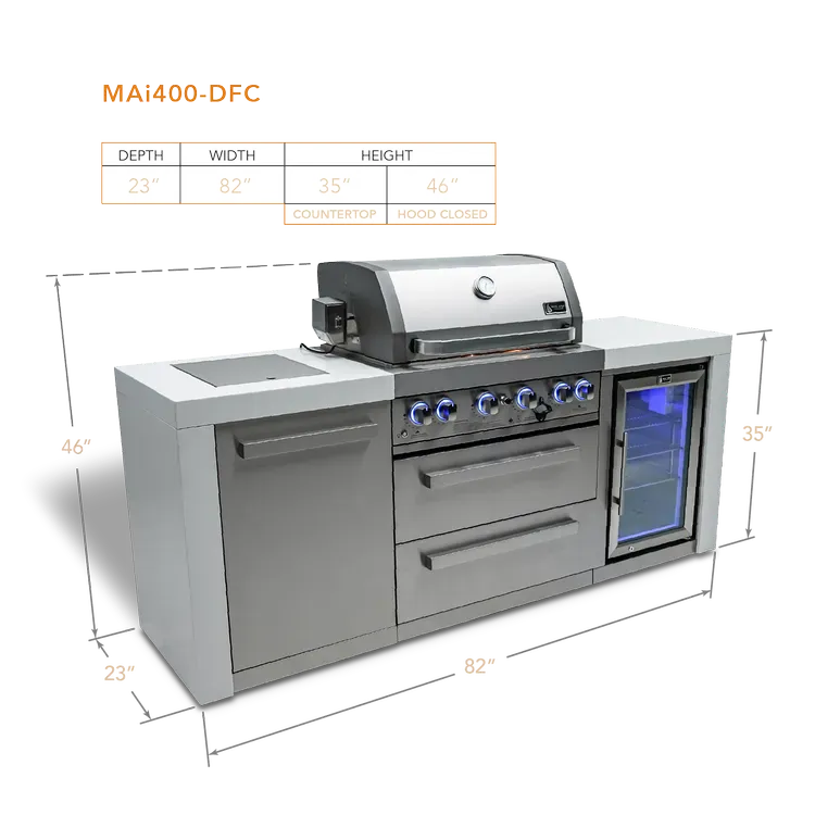 Mont Alpi Mont Alpi 4-Burner Deluxe Island with a Fridge Cabinet MAi400-DFC Outdoor Kitchen Pre-Built Bundle