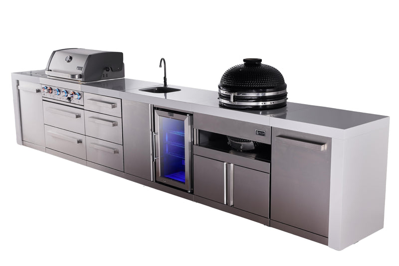 Mont Alpi Mont Alpi 4-burner deluxe series outdoor kitchen island with beverage center and kamado grill module plus extra storage drawer slides MAi400-DBEVKAMDR
