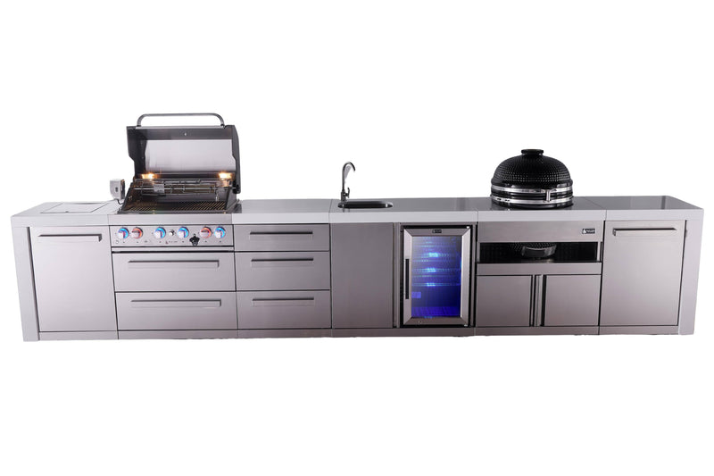 Mont Alpi Mont Alpi 4-burner deluxe series outdoor kitchen island with beverage center and kamado grill module plus extra storage drawer slides MAi400-DBEVKAMDR