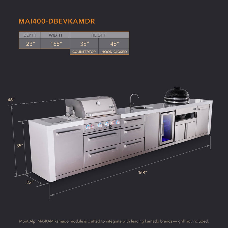 Mont Alpi Mont Alpi 4-burner deluxe series outdoor kitchen island with beverage center and kamado grill module plus extra storage drawer slides MAi400-DBEVKAMDR