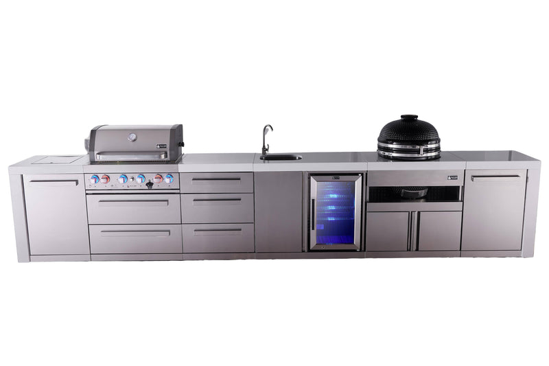 Mont Alpi Mont Alpi 4-burner deluxe series outdoor kitchen island with beverage center and kamado grill module plus extra storage drawer slides MAi400-DBEVKAMDR