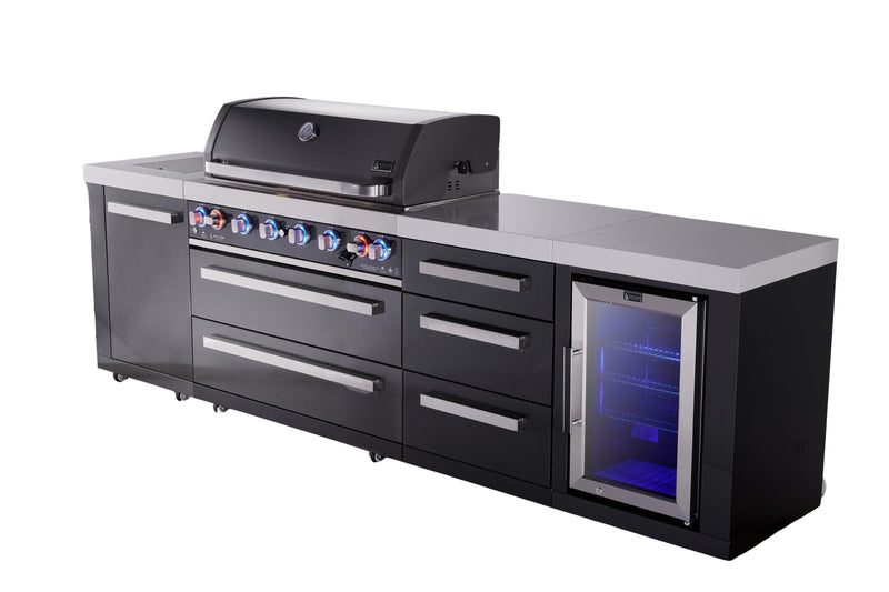 Mont Alpi Mont Alpi 6-burner black series outdoor kitchen island with extra storage cabinet and corner fridge module MAi805-BSSFCDR 727252550083