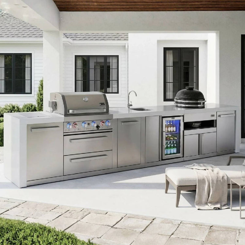 Mont Alpi Mont Alpi Deluxe Series 4-Burner Outdoor Kitchen Island with Beverage Center, Kamado & Storage MAi400-DBEVKAMXL Outdoor Kitchen Pre-Built Bundle