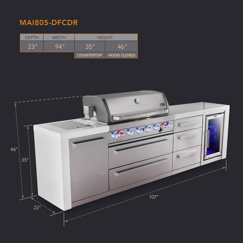 Mont Alpi Mont Alpi Deluxe Series 6-Burner Outdoor Kitchen Island with Refrigerator & Storage Modules MAi805-DFCDR Outdoor Kitchen Pre-Built Bundle