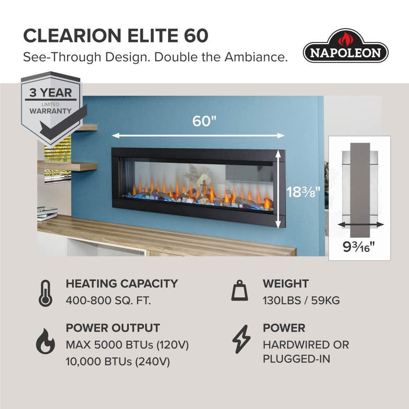 Napoleon Napoleon CLEARion Elite 60 See Through Built-In Electric Fireplace Electric NEFBD60HE Built-In Electric Fireplace 629169079896