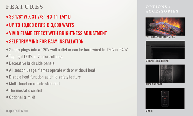 Napoleon Napoleon ELEMENT 36" Built-in Electric Fireplace NEFB36H-BS Canada Electric NEFB36H-BS-1 Built-In Electric Fireplace 629169074488