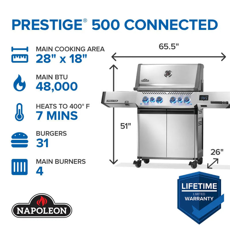 Napoleon Napoleon Prestige 500 Connected RSIB Gas Grill, Stainless Steel Freestanding Gas Grill