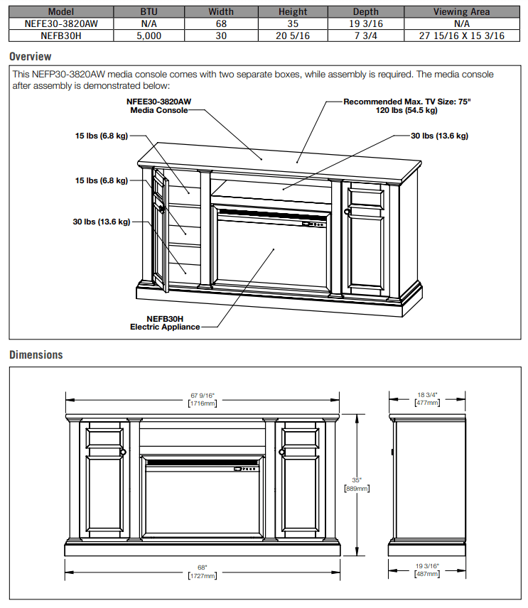 Napoleon Napoleon The Charlotte Electric Fireplace Mantel Package NEFP30-3820AW Electric NEFP30-3820AW Electric Fireplace Media Console Package 629169080793