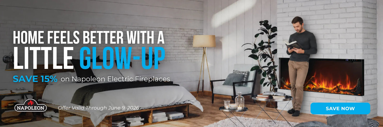 Advertisement for Napoleon Electric Fireplaces with a man by a fireplace, text overlay, and promotional offer.