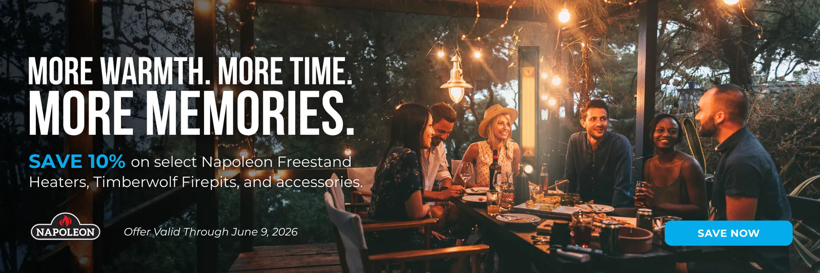 Advertisement for Napoleon outdoor heating products with people around a fire pit.